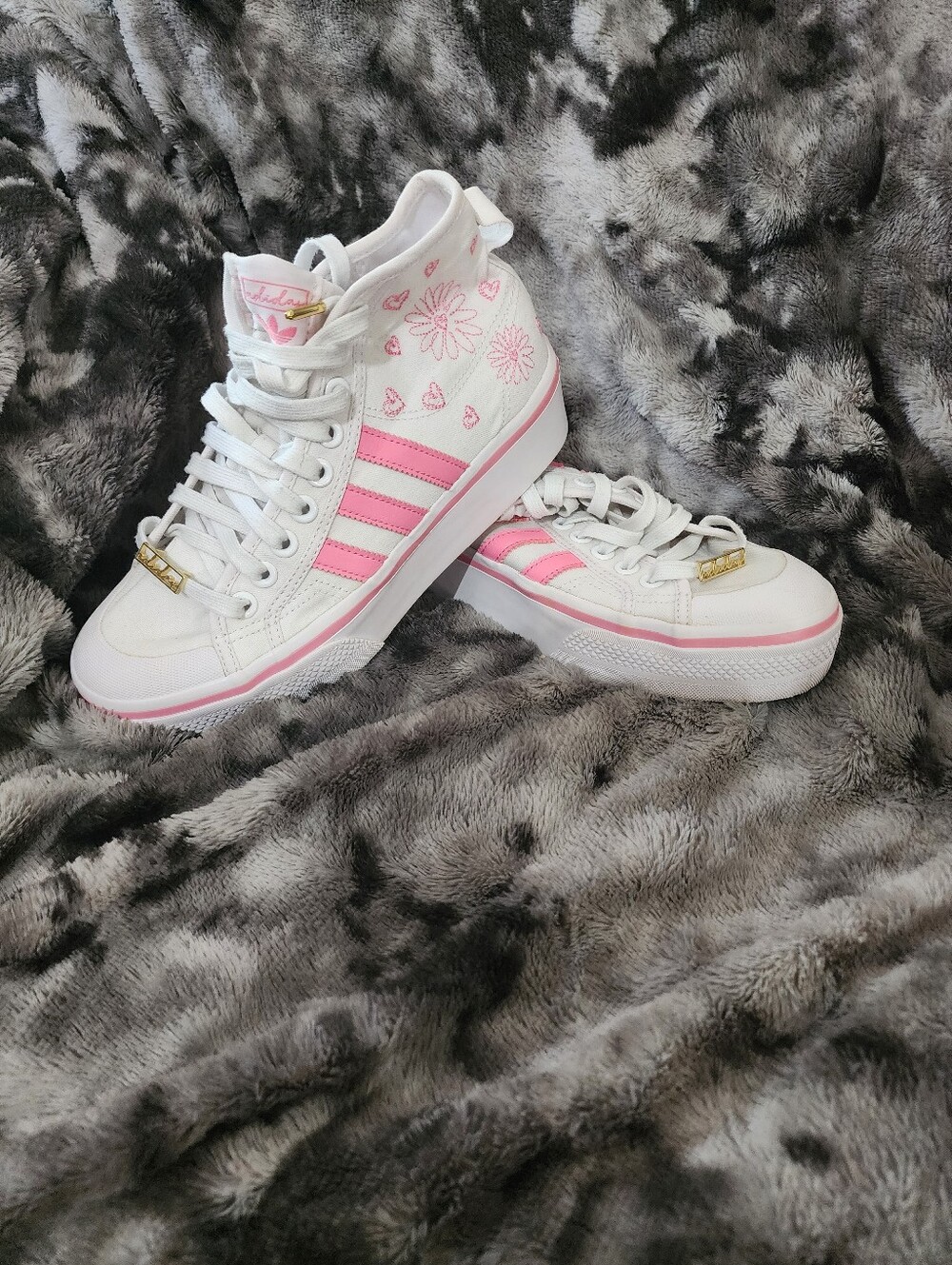 adidas White & Pink High-Top Sneakers with Floral Accents